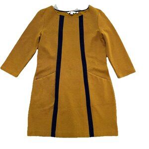 Boden Anita Ottoman Shift Dress Size 6P Gold Blue Ribbed Pullover Pockets Mini